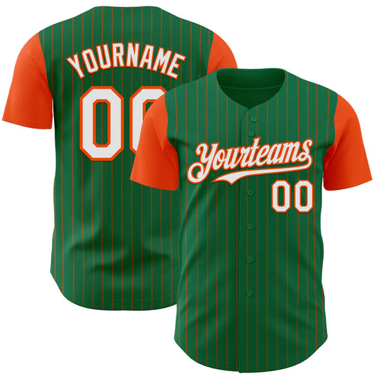 Custom Kelly Green Orange Pinstripe White Authentic Two Tone Baseball Jersey - Main View