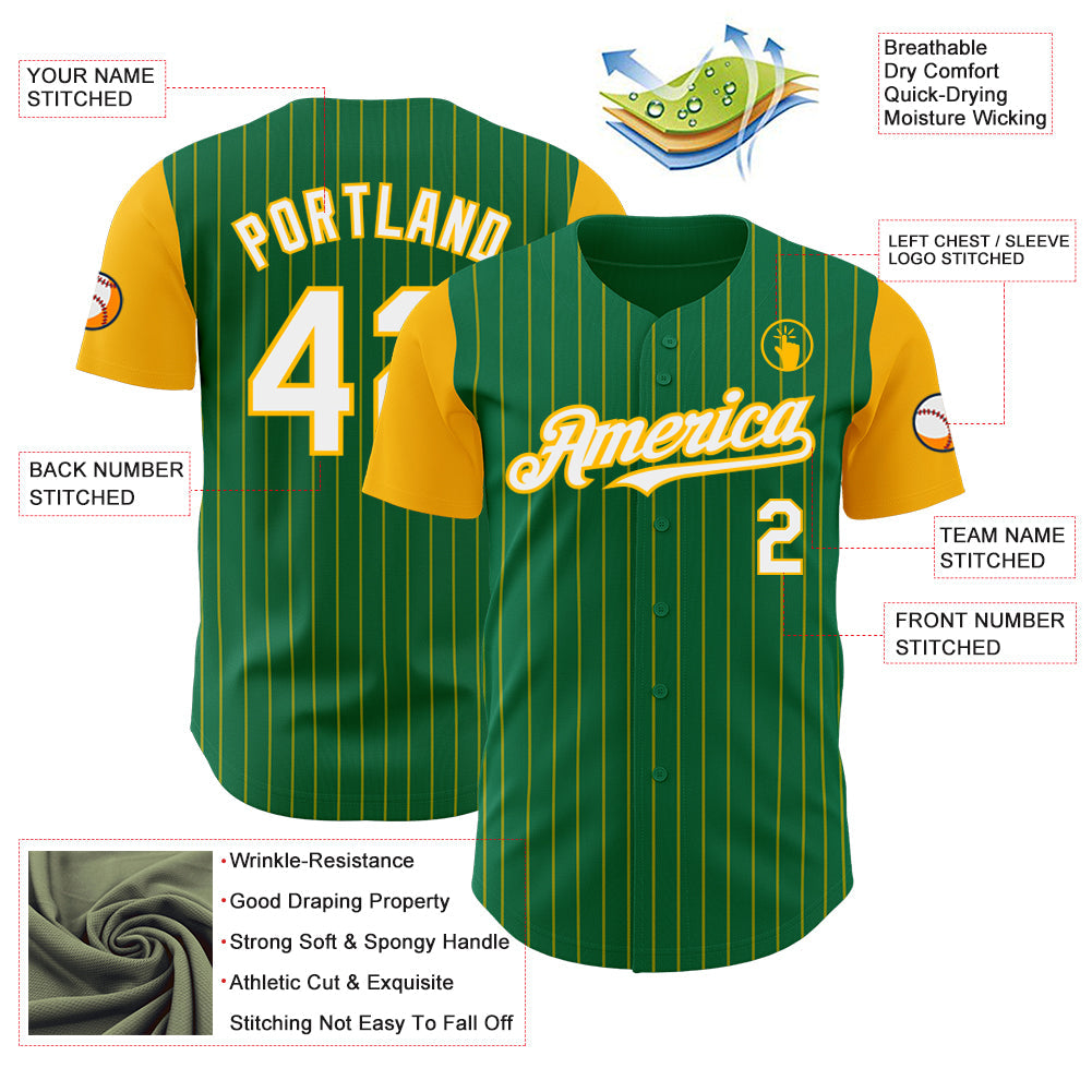 Custom Kelly Green Gold Pinstripe White Authentic Two Tone Baseball Jersey view 3