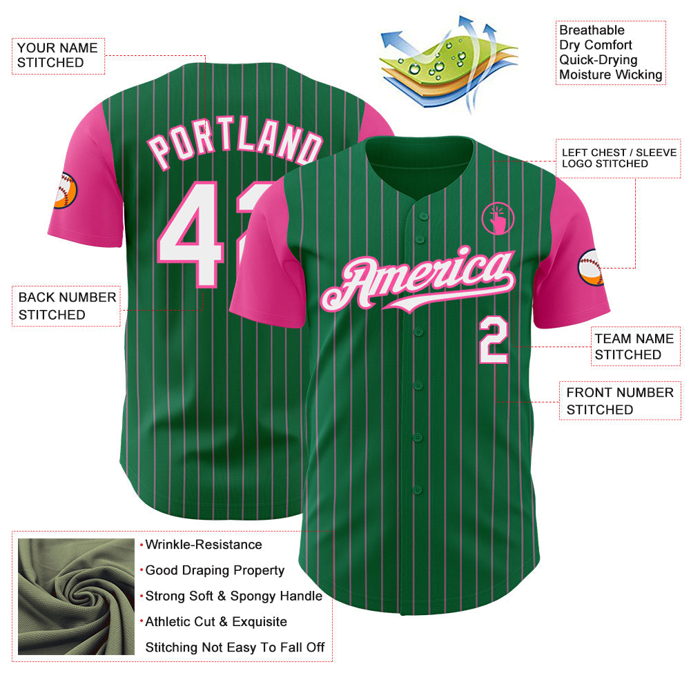 Custom Kelly Green Pink Pinstripe White Authentic Two Tone Baseball Jersey view 3