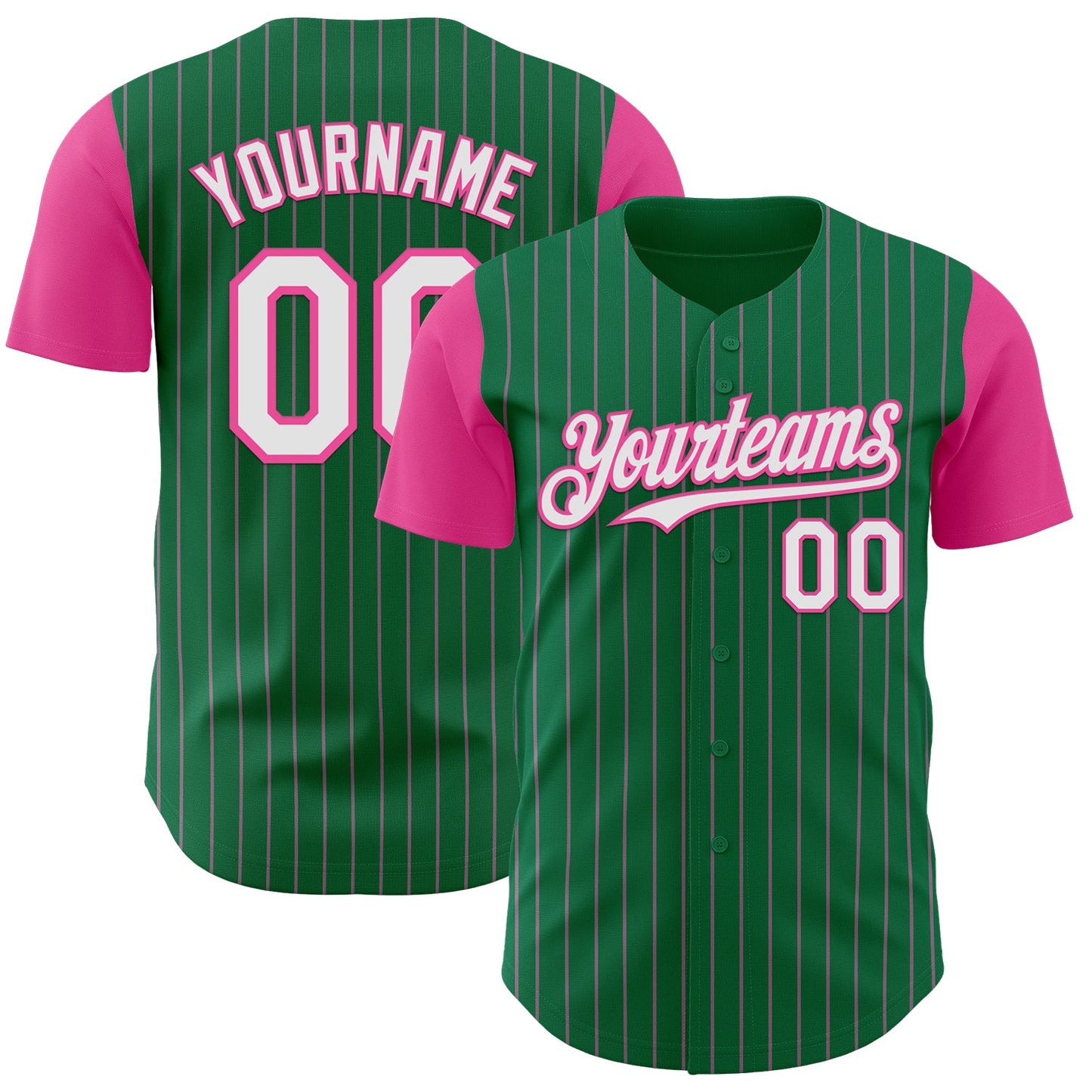 Custom Kelly Green Pink Pinstripe White Authentic Two Tone Baseball Jersey - Main View