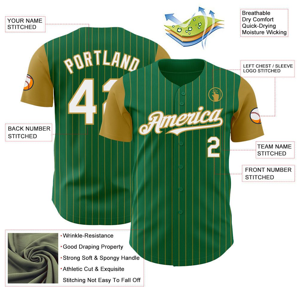 Custom Kelly Green Old Gold Pinstripe White Authentic Two Tone Baseball Jersey view 3