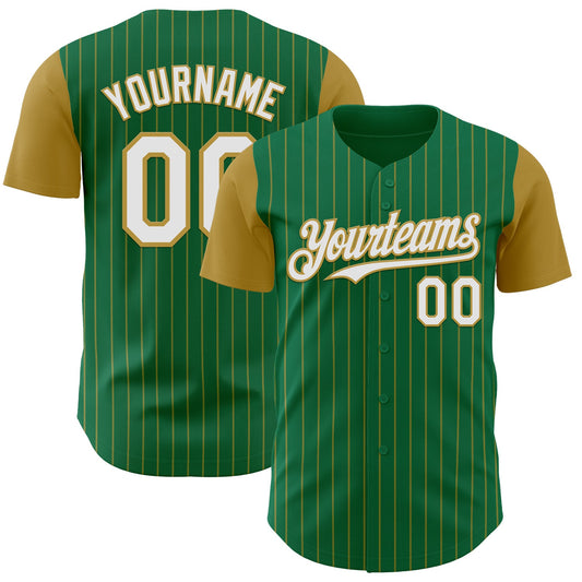 Custom Kelly Green Old Gold Pinstripe White Authentic Two Tone Baseball Jersey - Main View