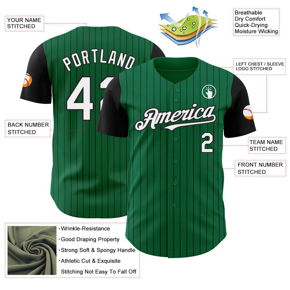 Custom Kelly Green Black Pinstripe White Authentic Two Tone Baseball Jersey view 3