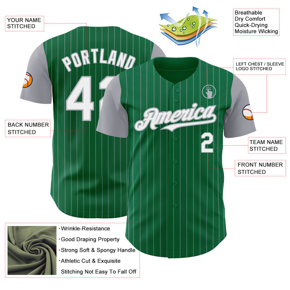 Custom Kelly Green Gray Pinstripe White Authentic Two Tone Baseball Jersey view 3