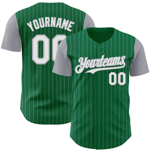 Custom Kelly Green Gray Pinstripe White Authentic Two Tone Baseball Jersey - Main View