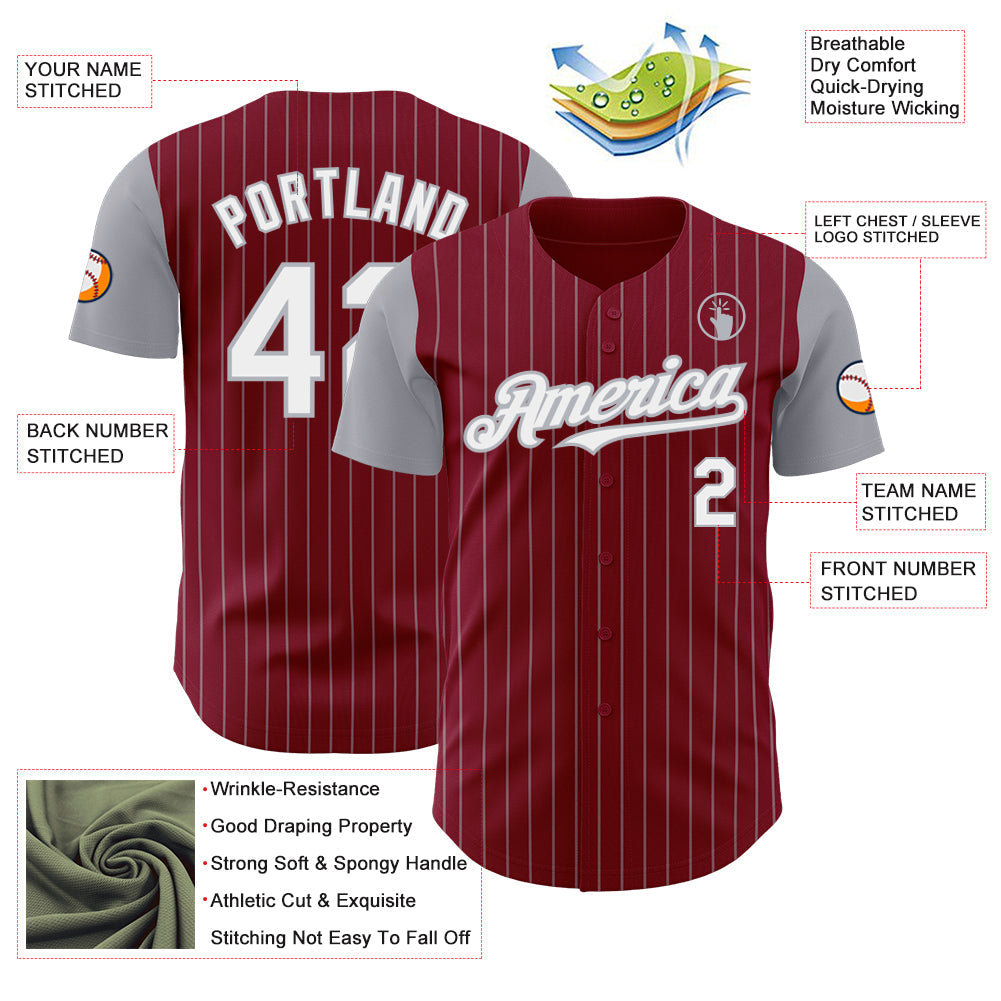 Custom Crimson Gray Pinstripe White Authentic Two Tone Baseball Jersey view 3