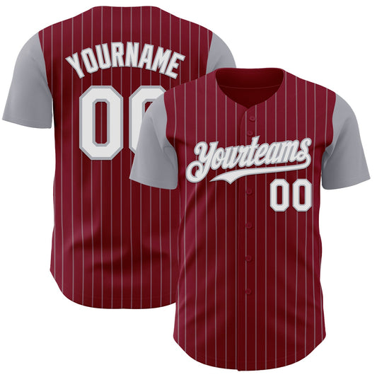 Custom Crimson Gray Pinstripe White Authentic Two Tone Baseball Jersey - Main View