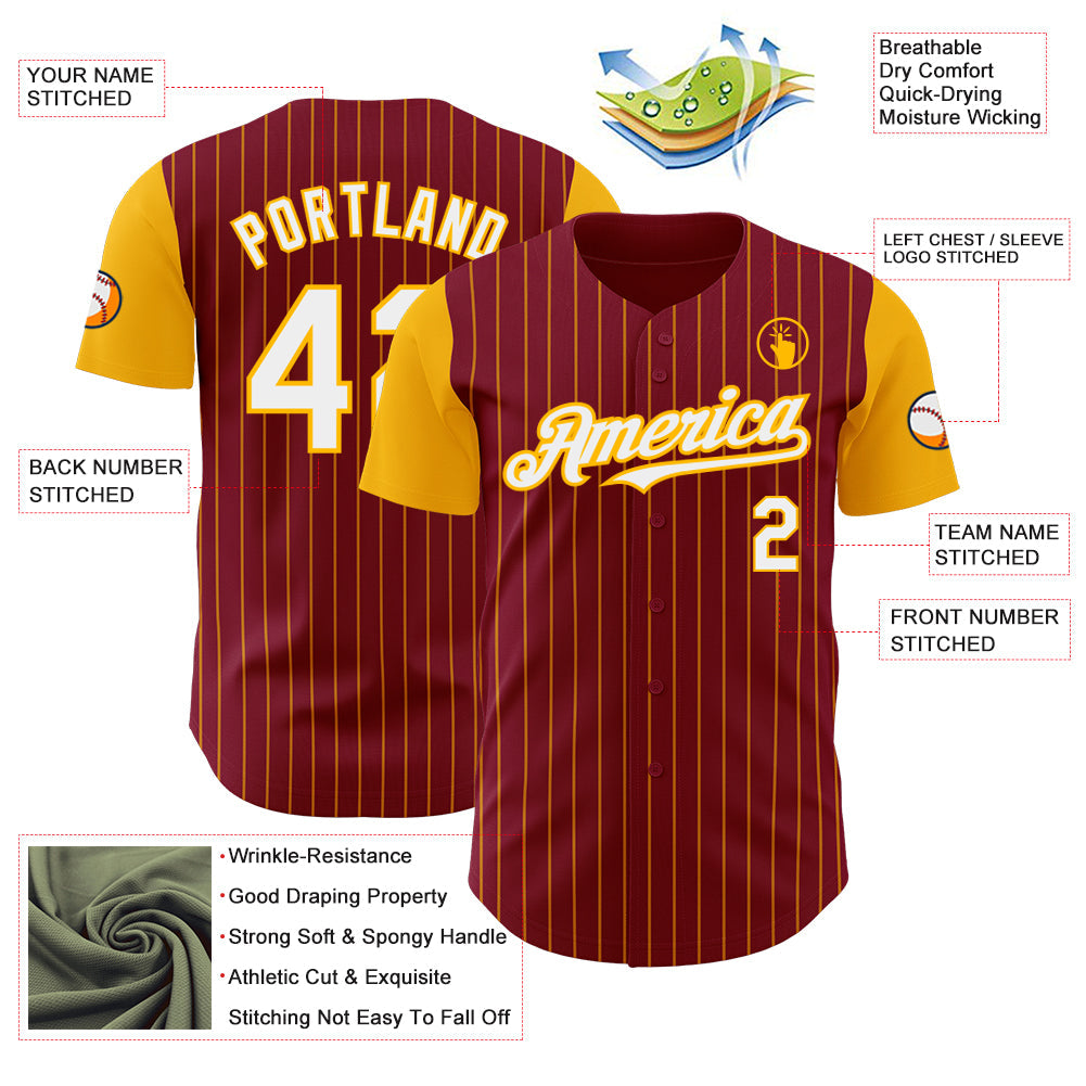 Custom Crimson Gold Pinstripe White Authentic Two Tone Baseball Jersey view 3
