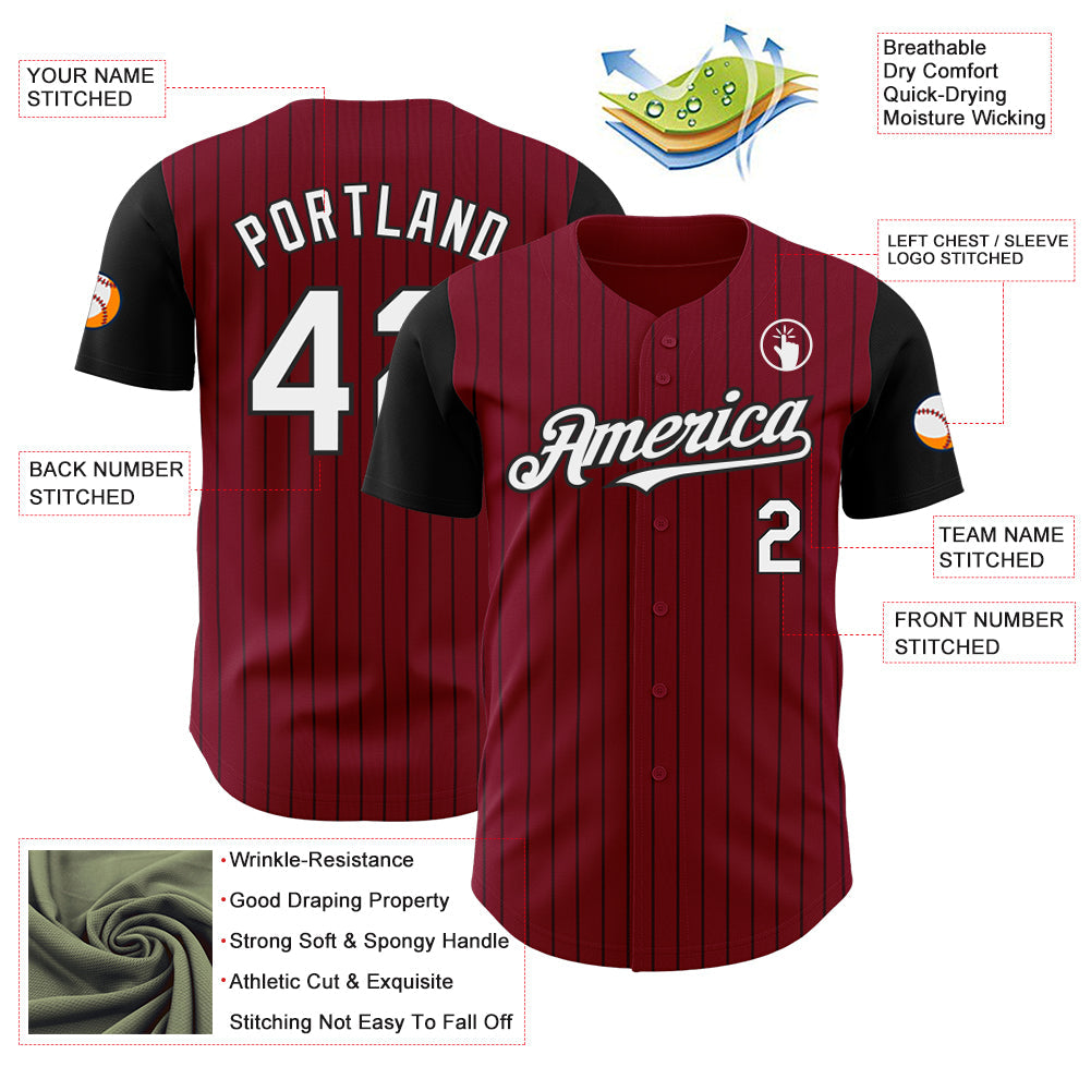 Custom Crimson Black Pinstripe White Authentic Two Tone Baseball Jersey view 3