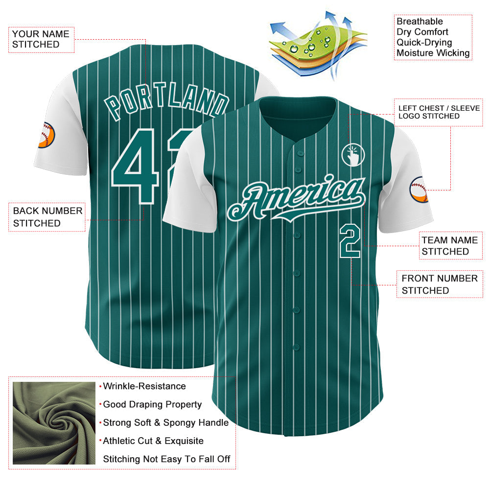 Custom Teal White Pinstripe White Authentic Two Tone Baseball Jersey view 3