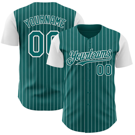 Custom Teal White Pinstripe White Authentic Two Tone Baseball Jersey - Main View