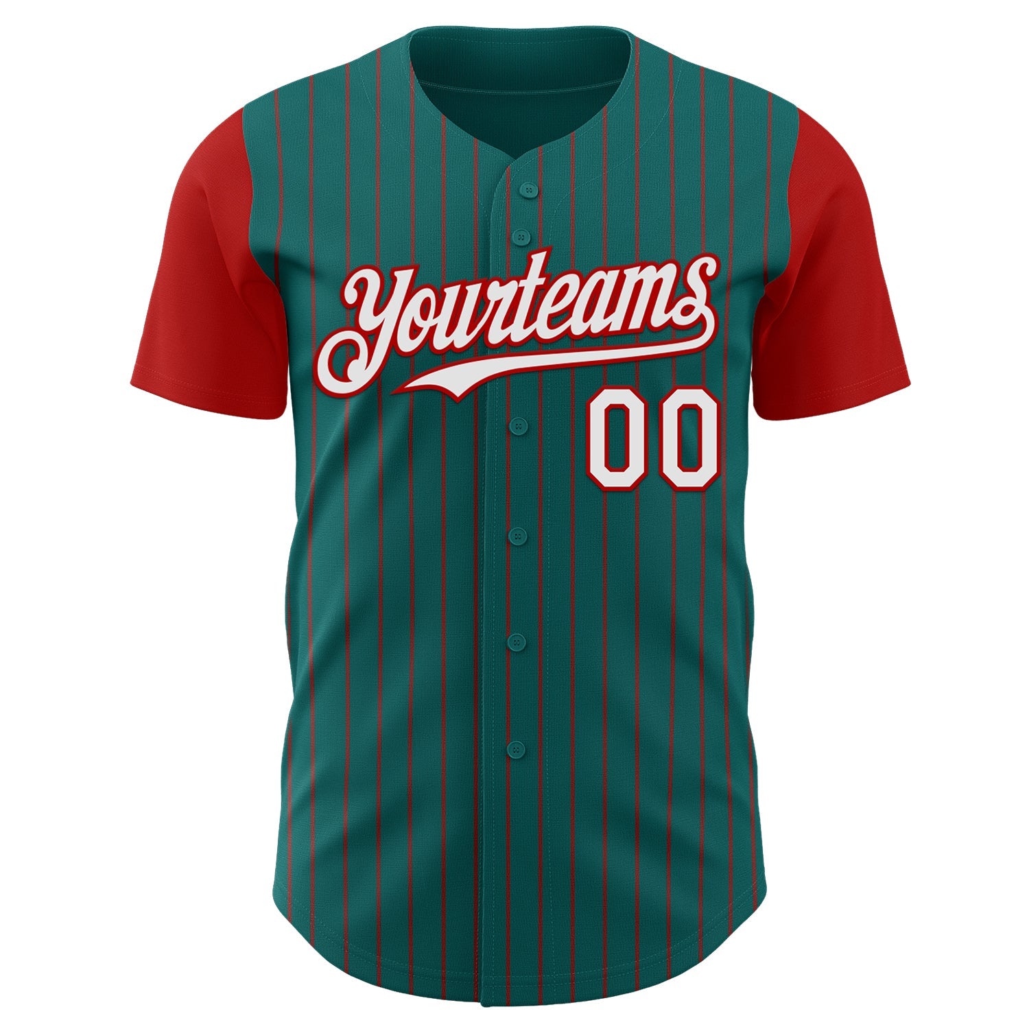 Custom Teal Red Pinstripe White Authentic Two Tone Baseball Jersey view 2