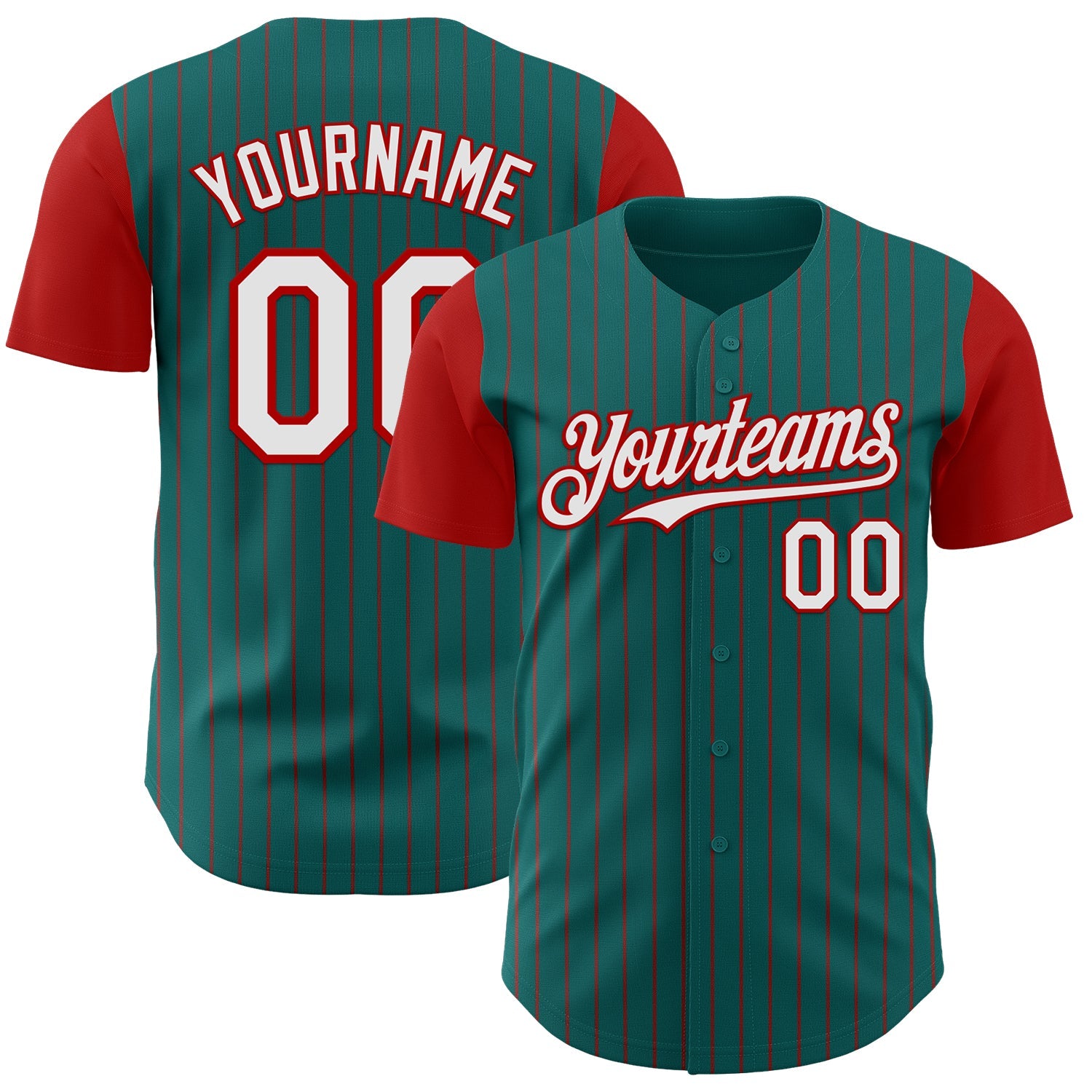 Custom Teal Red Pinstripe White Authentic Two Tone Baseball Jersey - Main View