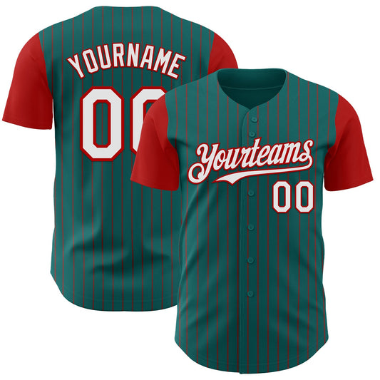 Custom Teal Red Pinstripe White Authentic Two Tone Baseball Jersey - Main View