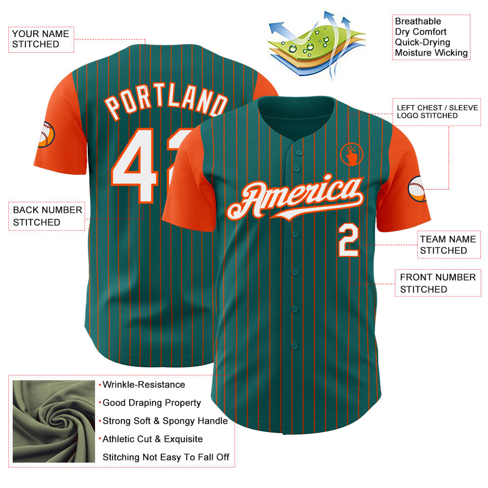 Custom Teal Orange Pinstripe White Authentic Two Tone Baseball Jersey view 3