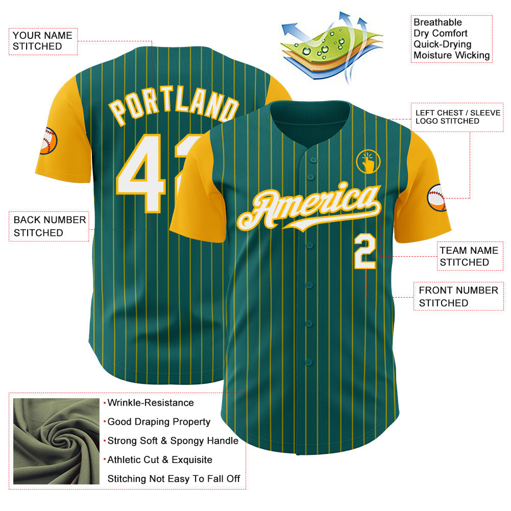 Custom Teal Gold Pinstripe White Authentic Two Tone Baseball Jersey view 3
