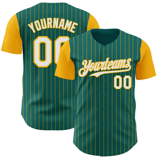 Custom Teal Gold Pinstripe White Authentic Two Tone Baseball Jersey - Main View