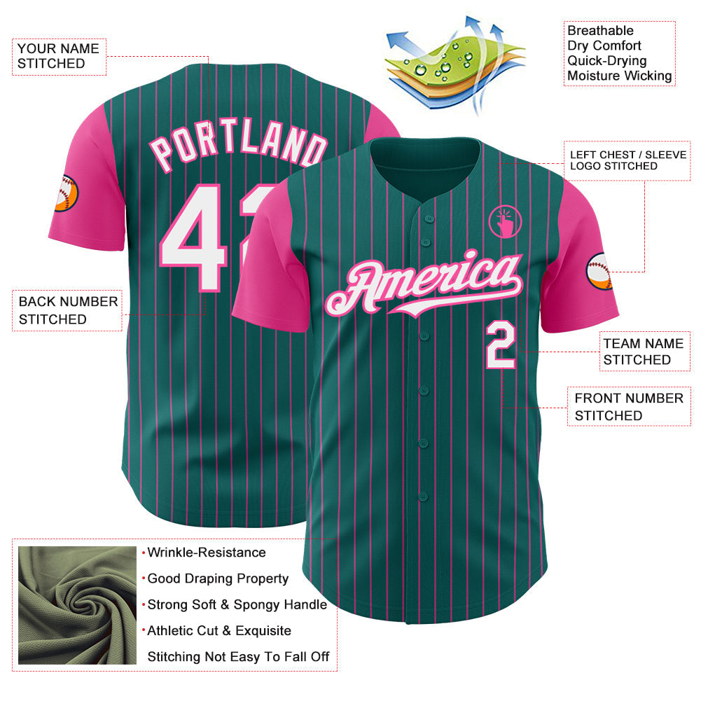 Custom Teal Pink Pinstripe White Authentic Two Tone Baseball Jersey view 3
