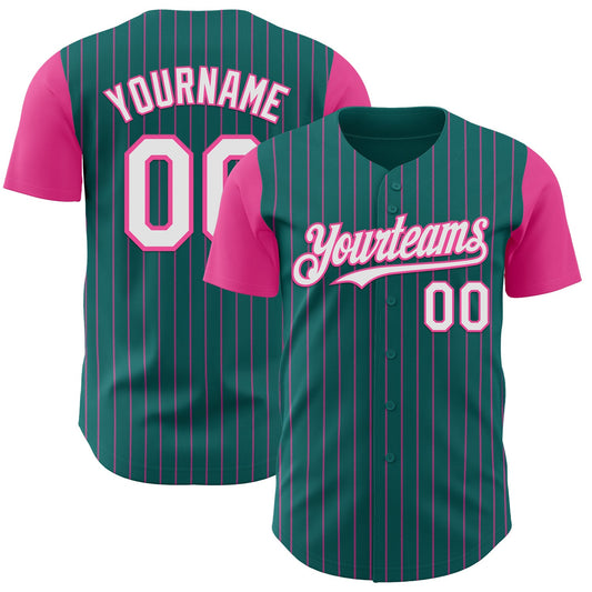 Custom Teal Pink Pinstripe White Authentic Two Tone Baseball Jersey - Main View