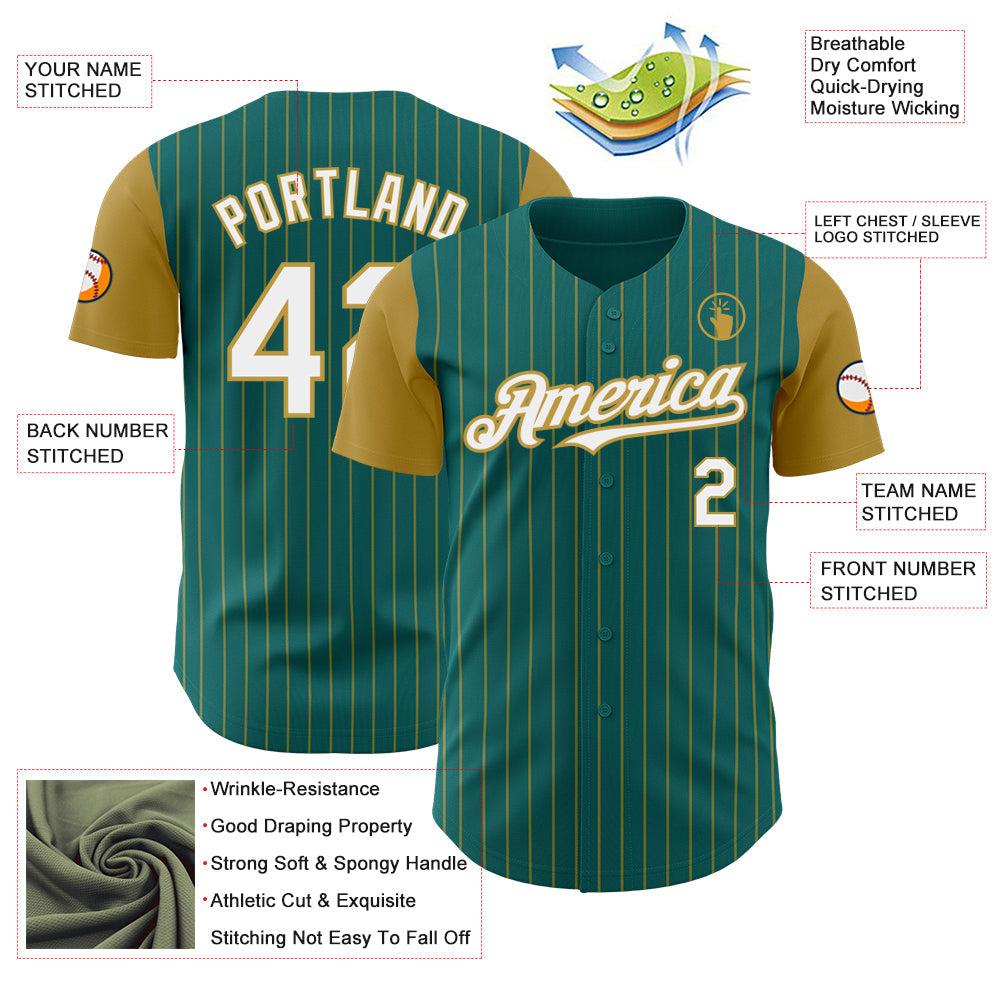 Custom Teal Old Gold Pinstripe White Authentic Two Tone Baseball Jersey view 3