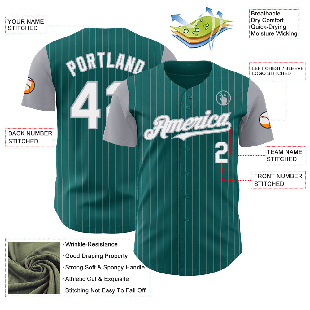 Custom Teal Gray Pinstripe White Authentic Two Tone Baseball Jersey view 3