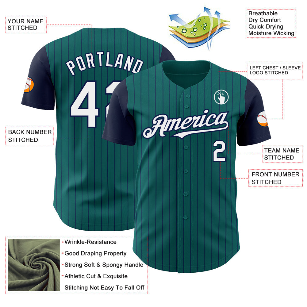 Custom Teal Navy Pinstripe White Authentic Two Tone Baseball Jersey view 3