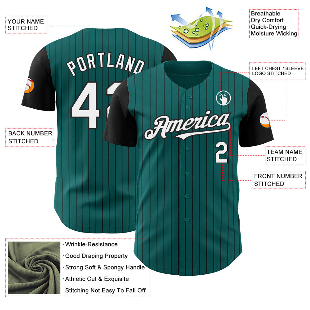 Custom Teal Black Pinstripe White Authentic Two Tone Baseball Jersey view 3