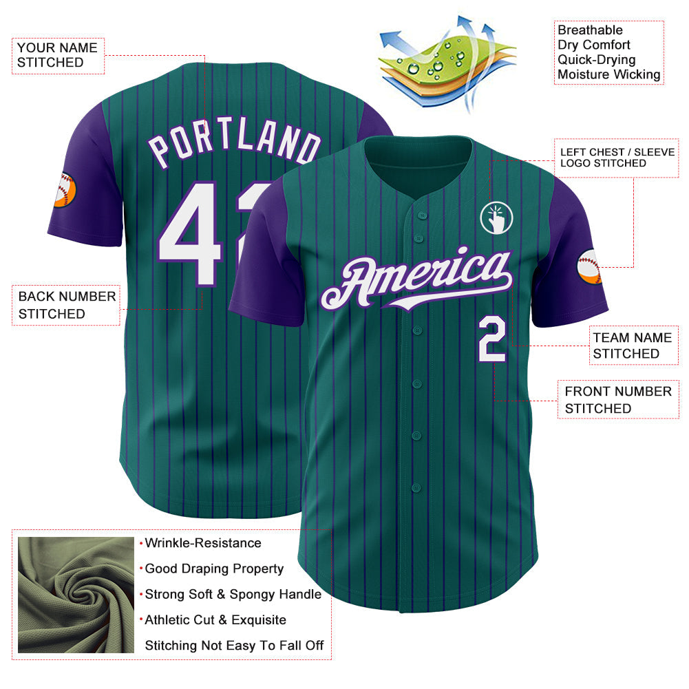 Custom Teal Purple Pinstripe White Authentic Two Tone Baseball Jersey view 3