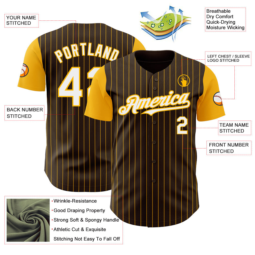 Custom Brown Gold Pinstripe White Authentic Two Tone Baseball Jersey view 3