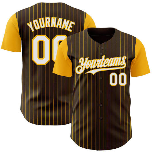 Custom Brown Gold Pinstripe White Authentic Two Tone Baseball Jersey - Main View