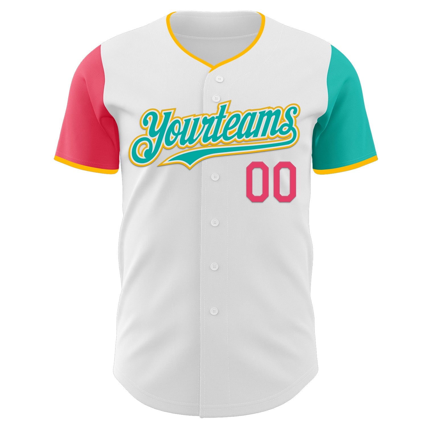 Custom White Neon Pink Aqua-Gold Authentic Two Tone Baseball Jersey view 2
