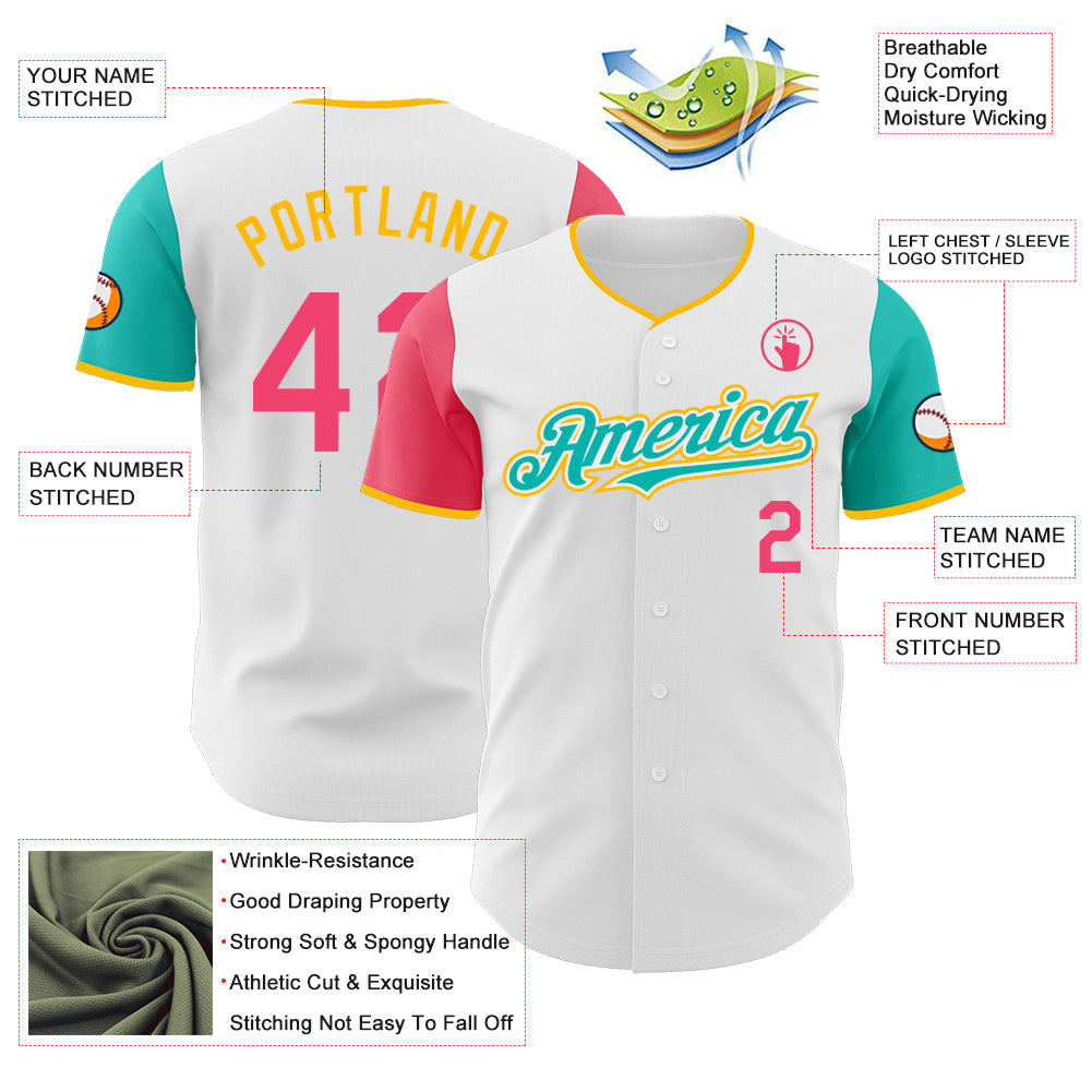 Custom White Neon Pink Aqua-Gold Authentic Two Tone Baseball Jersey view 3