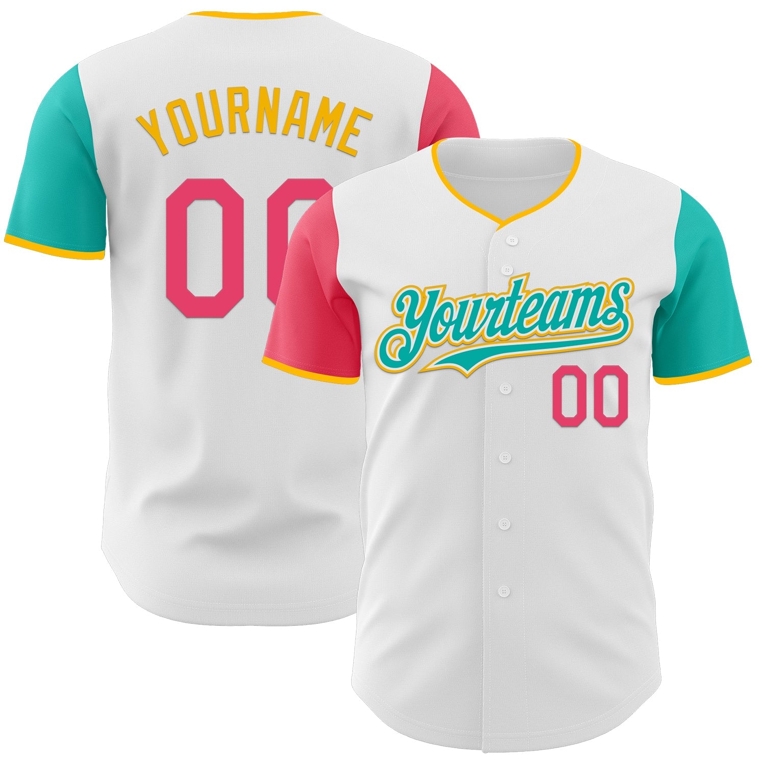 Custom White Neon Pink Aqua-Gold Authentic Two Tone Baseball Jersey - Main View