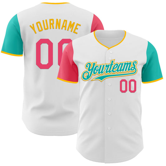 Custom White Neon Pink Aqua-Gold Authentic Two Tone Baseball Jersey - Main View