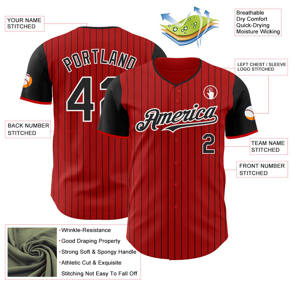 Custom Red Black Pinstripe White Authentic Two Tone Baseball Jersey view 3