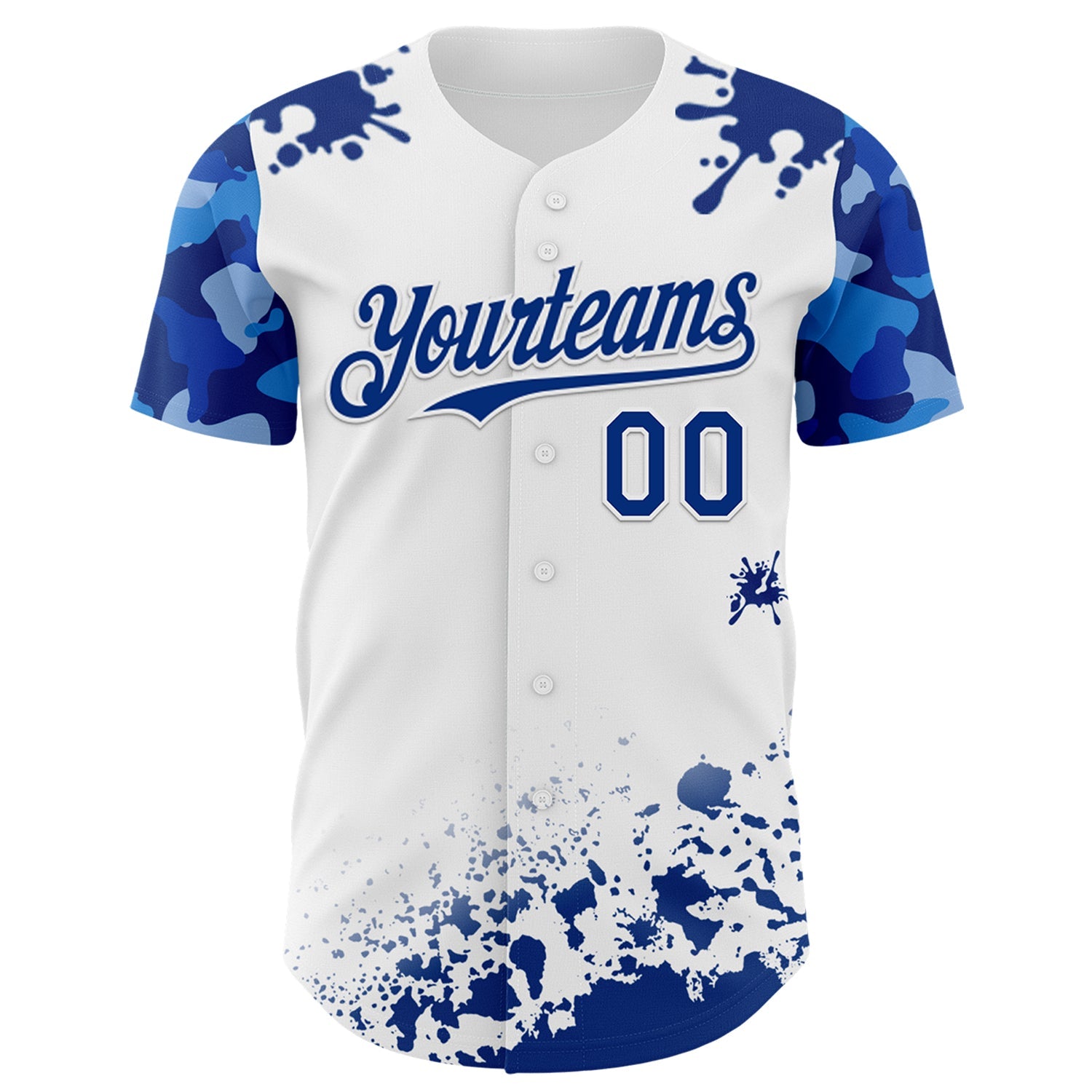 Custom White Royal Splatter Camo Two Tone Authentic Baseball Jersey view 2