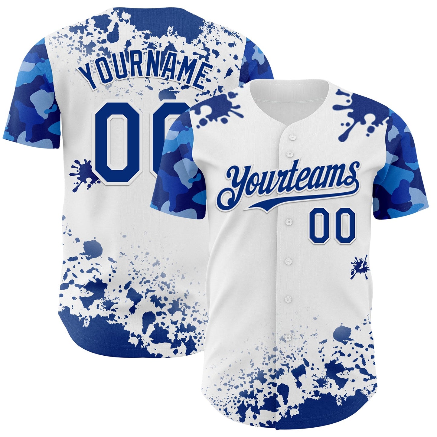 Custom White Royal Splatter Camo Two Tone Authentic Baseball Jersey - Main View