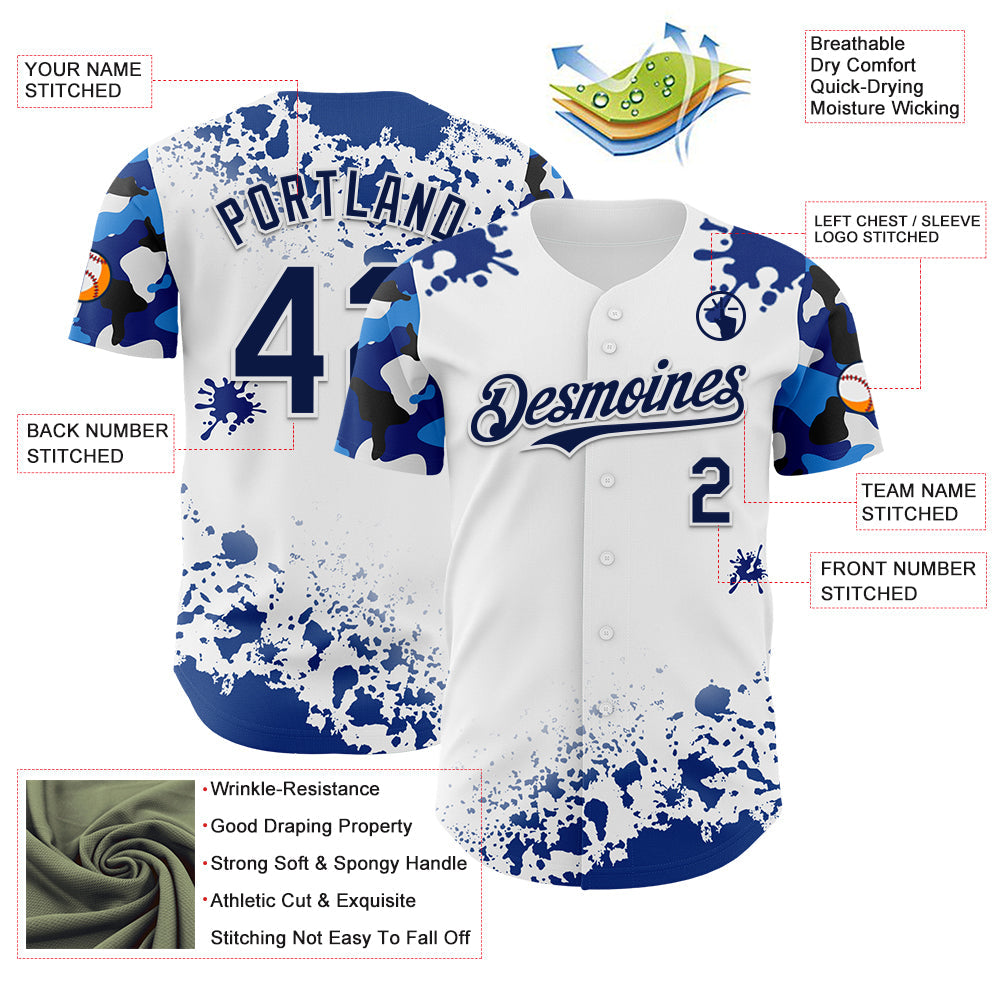 Custom White Navy Splatter Camo Two Tone Authentic Baseball Jersey view 3