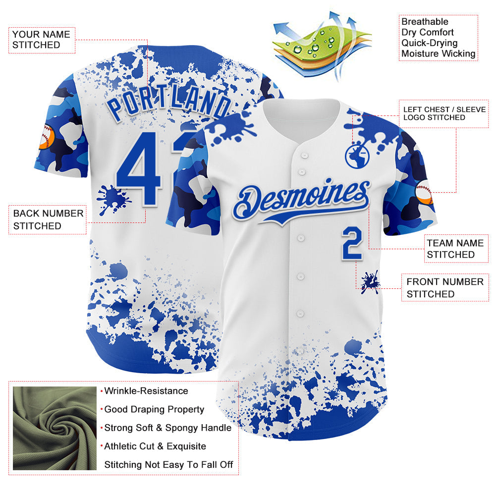 Custom White Thunder Blue Splatter Camo Two Tone Authentic Baseball Jersey view 3
