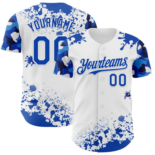 Custom White Thunder Blue Splatter Camo Two Tone Authentic Baseball Jersey - Main View
