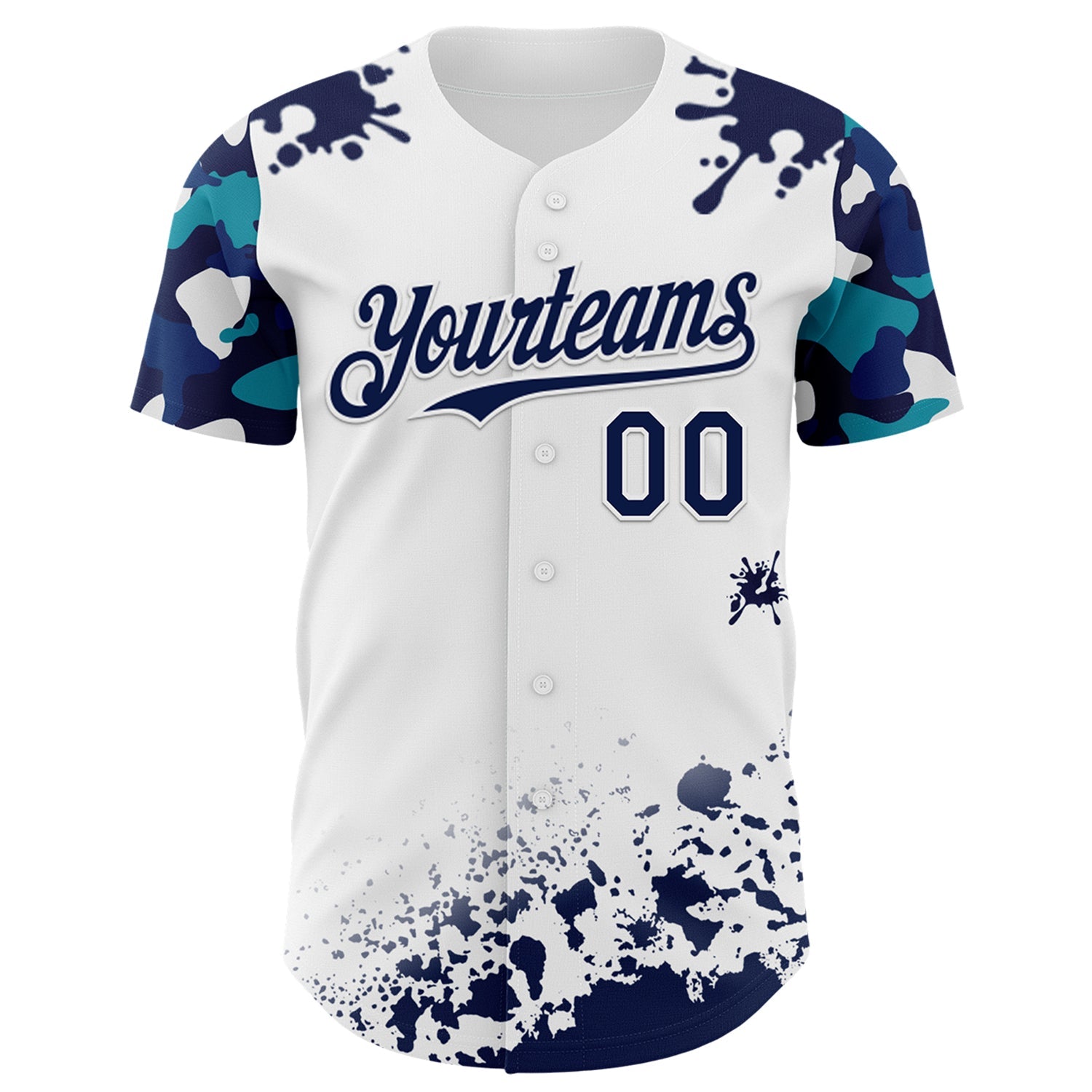 Custom White Navy-Teal Splatter Camo Two Tone Authentic Baseball Jersey view 2