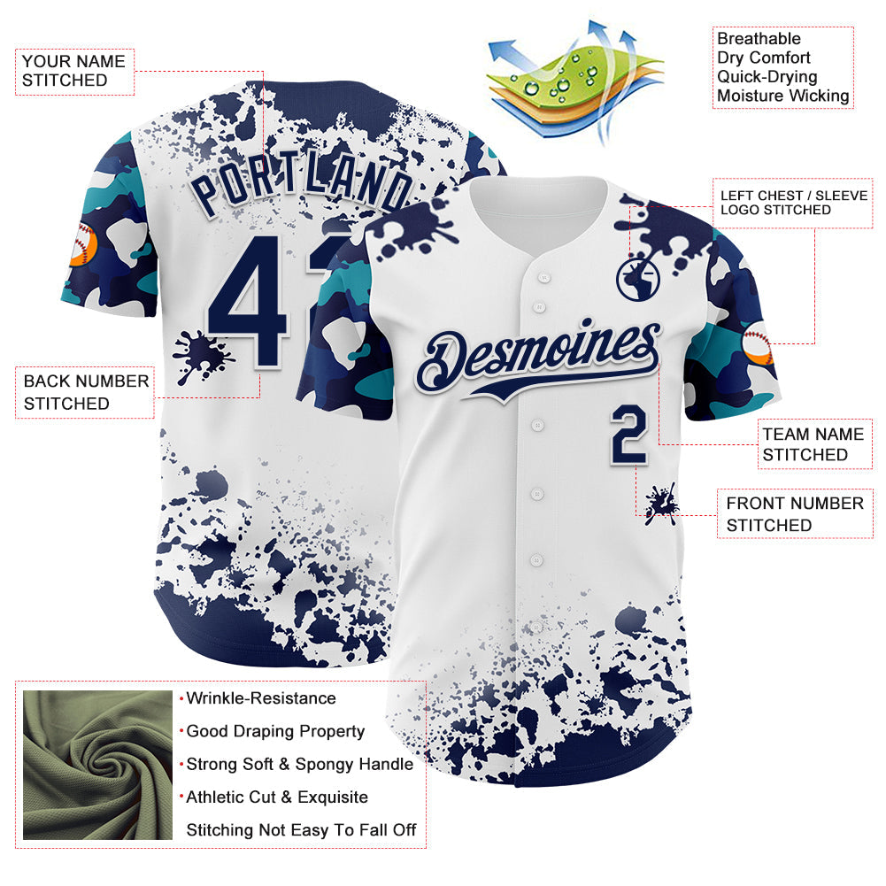 Custom White Navy-Teal Splatter Camo Two Tone Authentic Baseball Jersey view 3