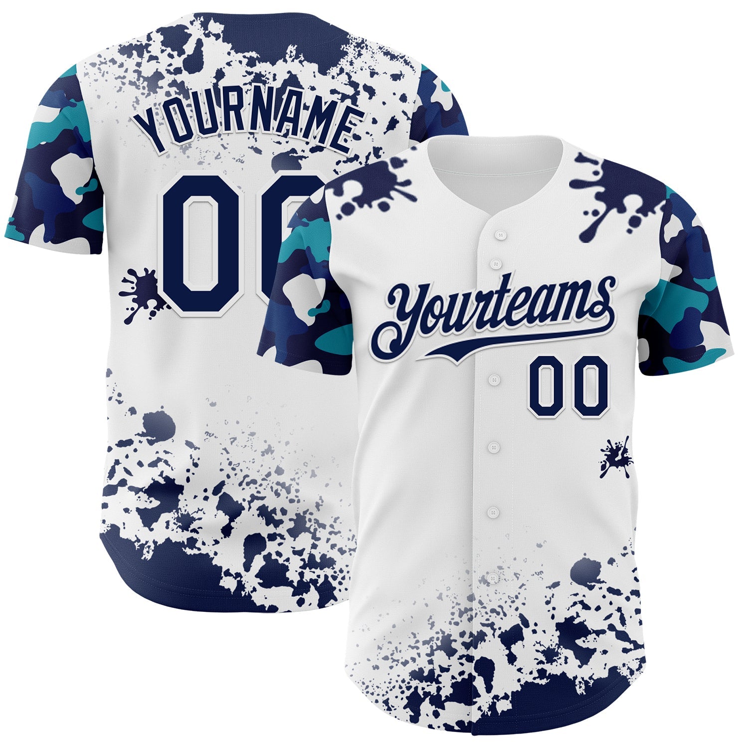 Custom White Navy-Teal Splatter Camo Two Tone Authentic Baseball Jersey - Main View