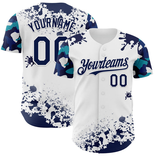Custom White Navy-Teal Splatter Camo Two Tone Authentic Baseball Jersey - Main View