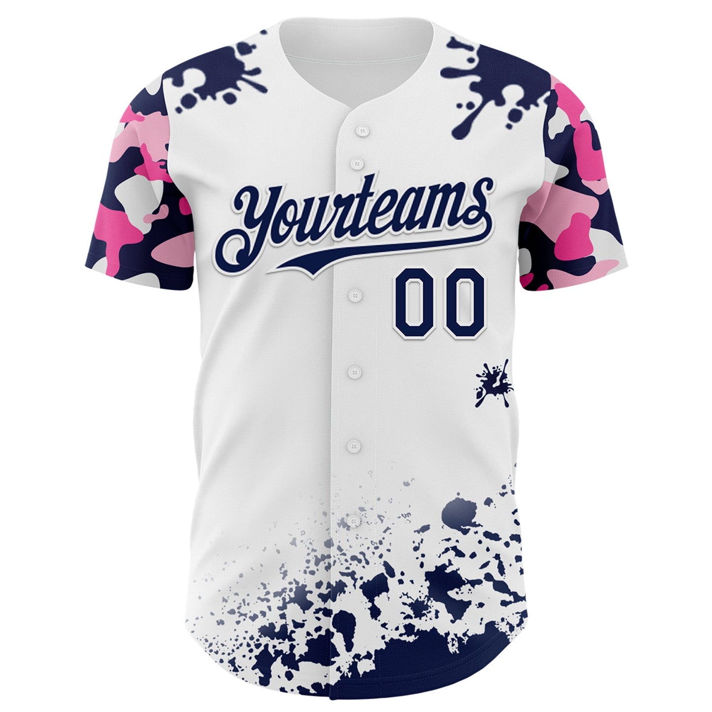Custom White Navy-Pink Splatter Camo Two Tone Authentic Baseball Jersey view 2