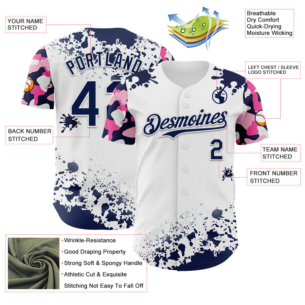 Custom White Navy-Pink Splatter Camo Two Tone Authentic Baseball Jersey view 3