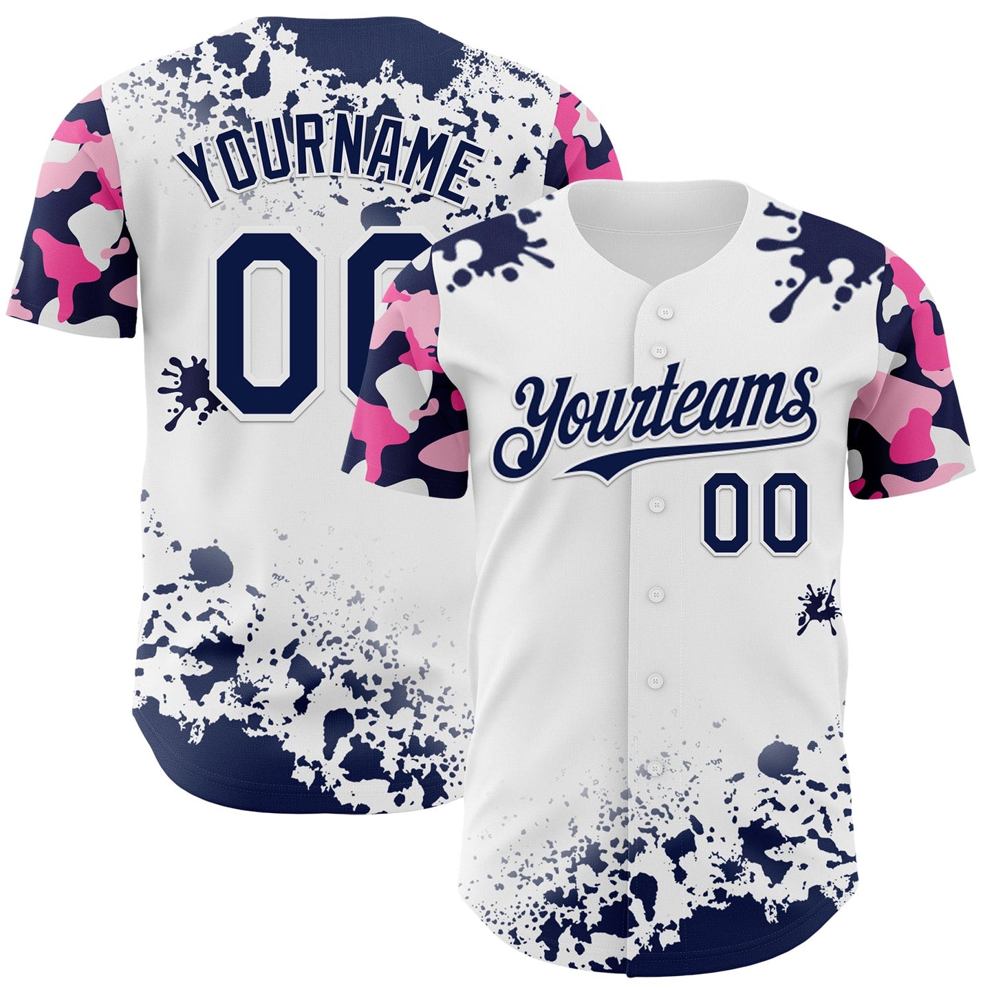 Custom White Navy-Pink Splatter Camo Two Tone Authentic Baseball Jersey - Main View