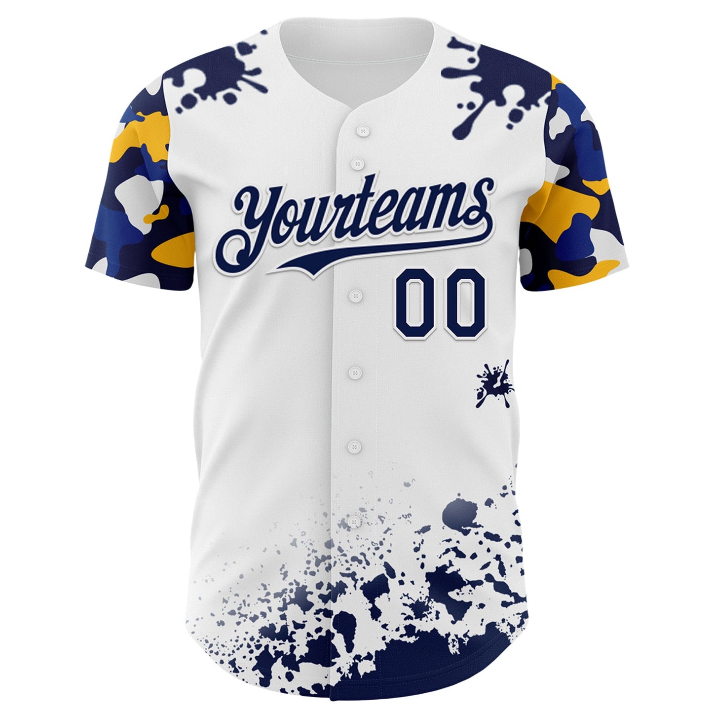 Custom White Navy-Yellow Splatter Camo Two Tone Authentic Baseball Jersey view 2