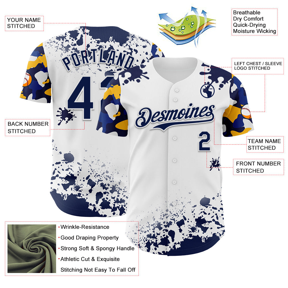 Custom White Navy-Yellow Splatter Camo Two Tone Authentic Baseball Jersey view 3