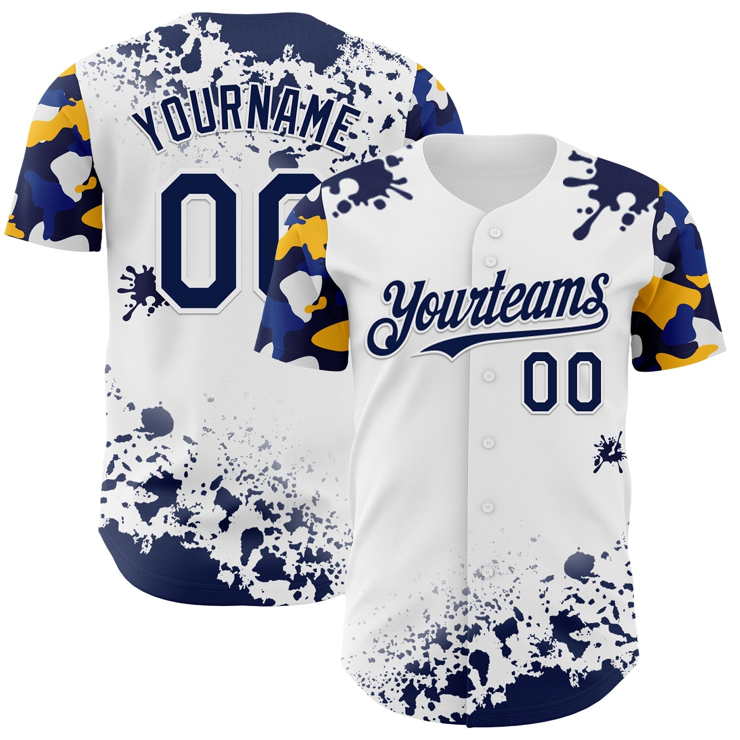 Custom White Navy-Yellow Splatter Camo Two Tone Authentic Baseball Jersey - Main View